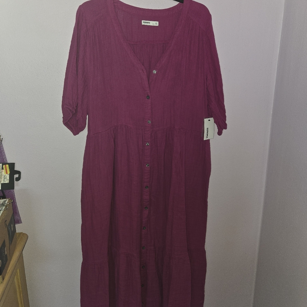 Sonoma Magenta Puff Sleeve V-Neck Sundress